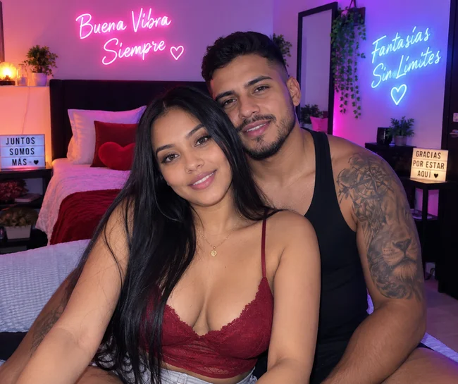 Generated image of typical Colombian cam couple in a neon ligthted bedroom - www.colombians.webcam
