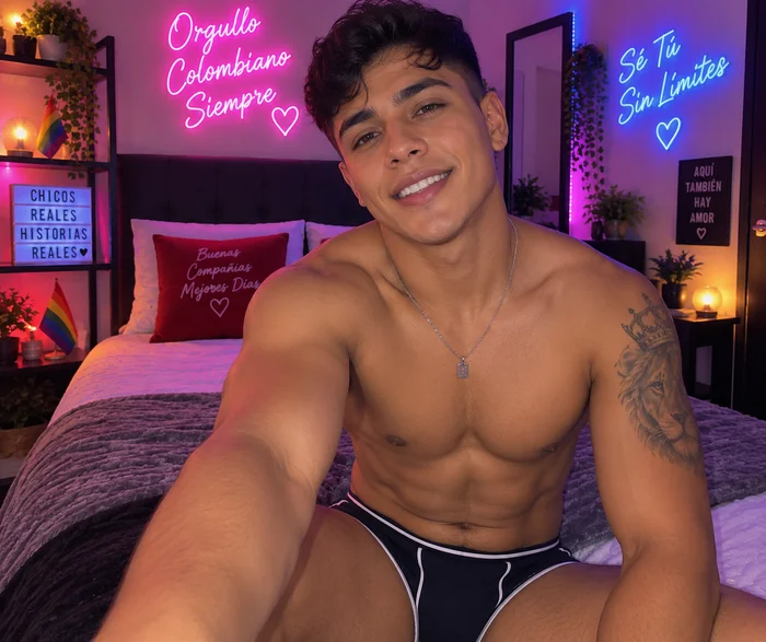 Generated image of a typical Colombian boy in front of his computer with neon signs in the background - www.colombians.webcam